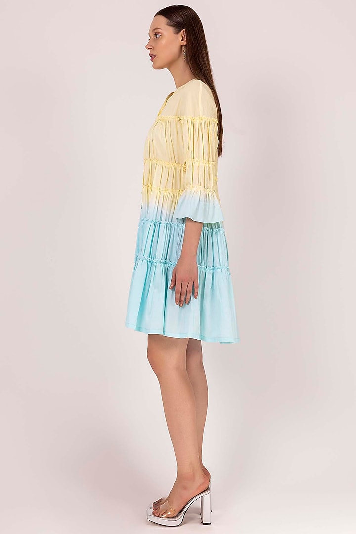Patel Yellow & Pastel Blue Cotton Satin Tie-Dye Summer Dress by SHIMONA at Pernia's Pop Up Shop