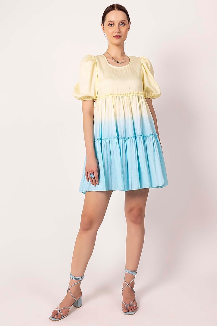 Patel Yellow & Pastel Blue Cotton Satin Tie-Dye Tiered Dress by SHIMONA
