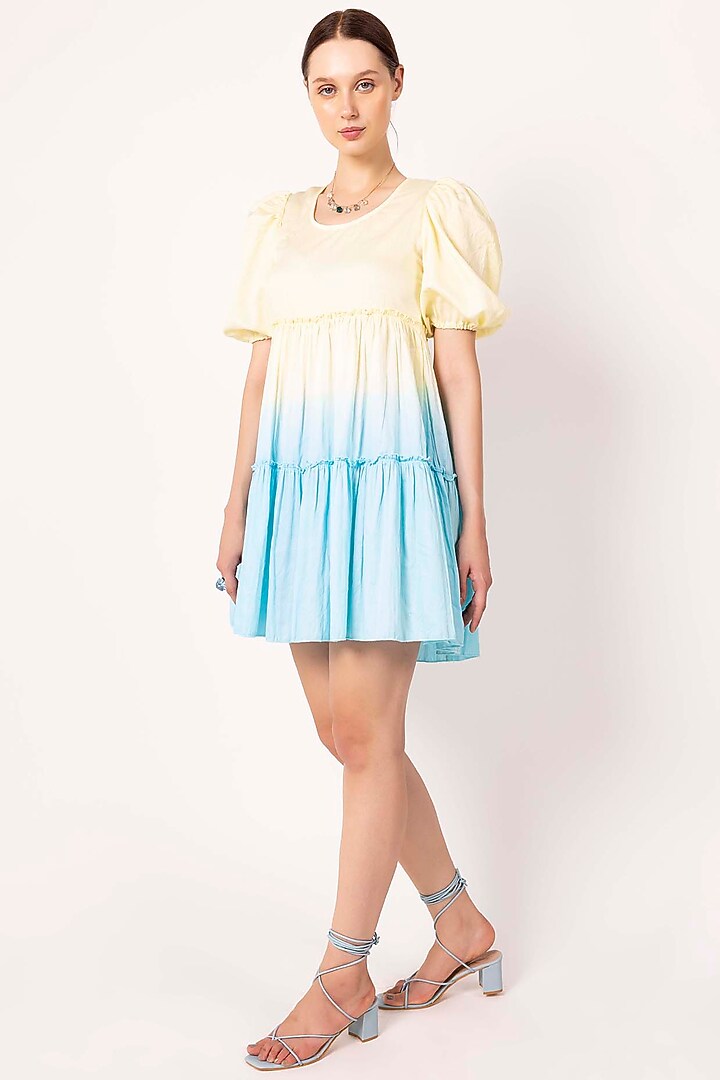 Patel Yellow & Pastel Blue Cotton Satin Tie-Dye Tiered Summer Dress by SHIMONA at Pernia's Pop Up Shop