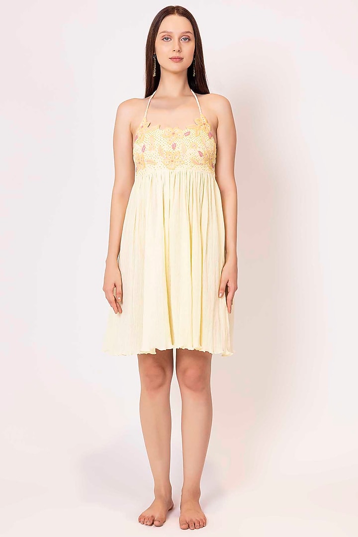 Pastel Yellow Seersucker cotton Hand Embroidered Summer Dress by SHIMONA at Pernia's Pop Up Shop
