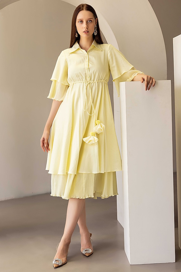 Pastel Yellow Cotton Satin & Seersucker Dress by SHIMONA