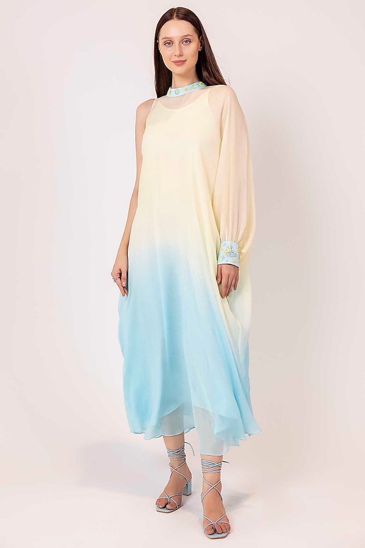 Patel Yellow & Pastel Blue Chiffon Tie-Dye Embellished Kaftan Dress by SHIMONA at Pernia's Pop Up Shop 2026 Patel Yellow & Pastel Blue Chiffon Tie-Dye Embellished Kaftan Dress by SHIMONA at Pernia's Pop Up Shop 2026