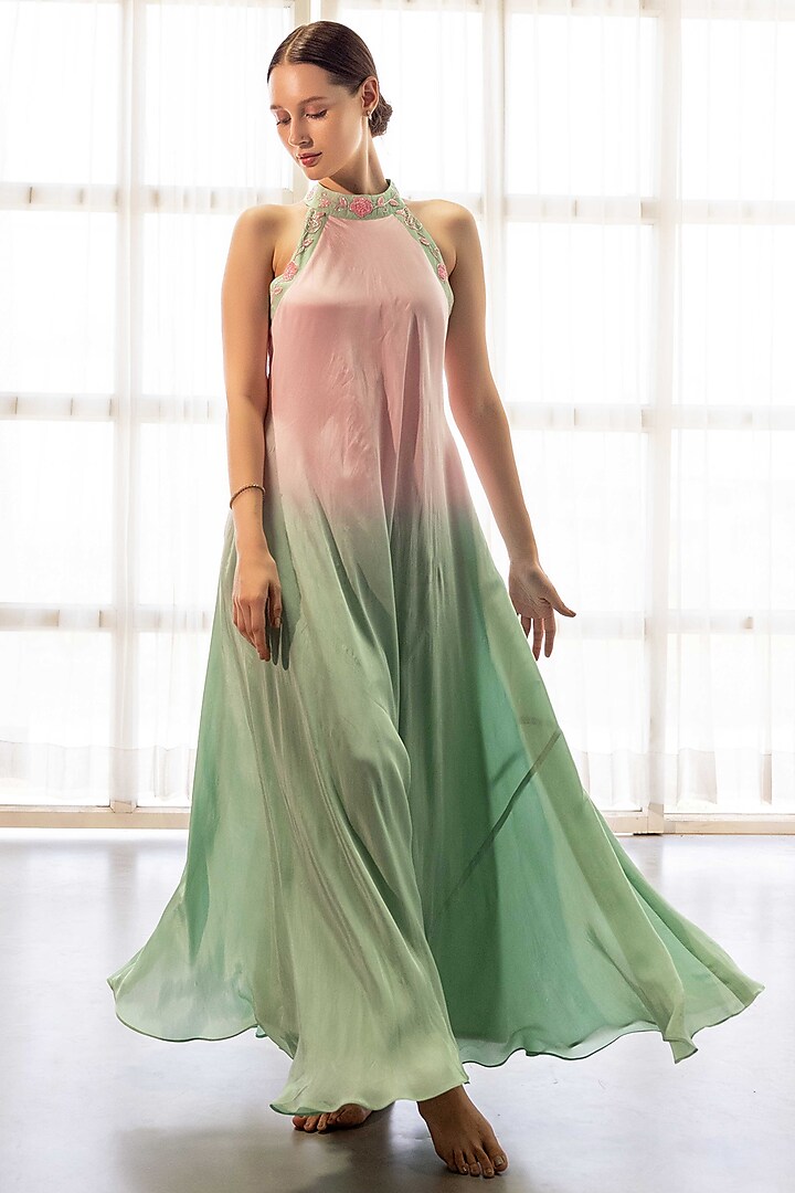 Pastel Pink & Jade Green Silk Crepe Embellished & Tie-Dye Gown by SHIMONA
