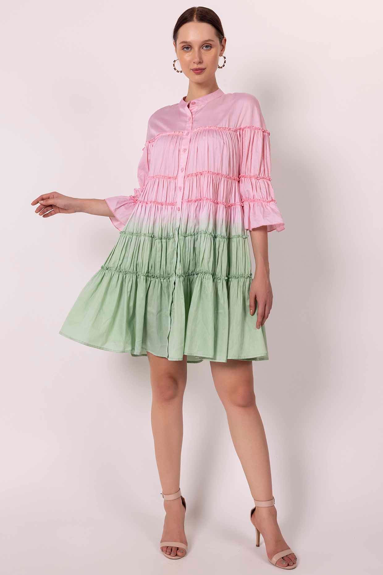 Pastel Pink & Jade Green Cotton Satin Tie-Dye Gathered Dress