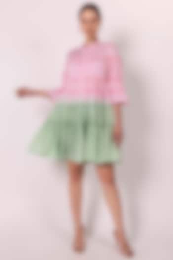 Pastel Pink & Jade Green Cotton Satin Tie-Dye Gathered Dress by SHIMONA