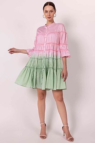 Pastel Pink & Jade Green Cotton Satin Tie-Dye Gathered Dress by SHIMONA