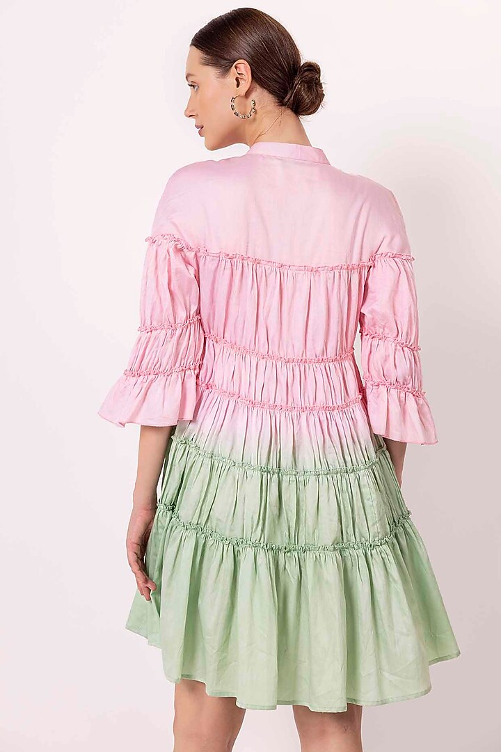 Pastel Pink & Jade Green Cotton Satin Tie-Dye Gathered Summer Dress by SHIMONA at Pernia's Pop Up Shop
