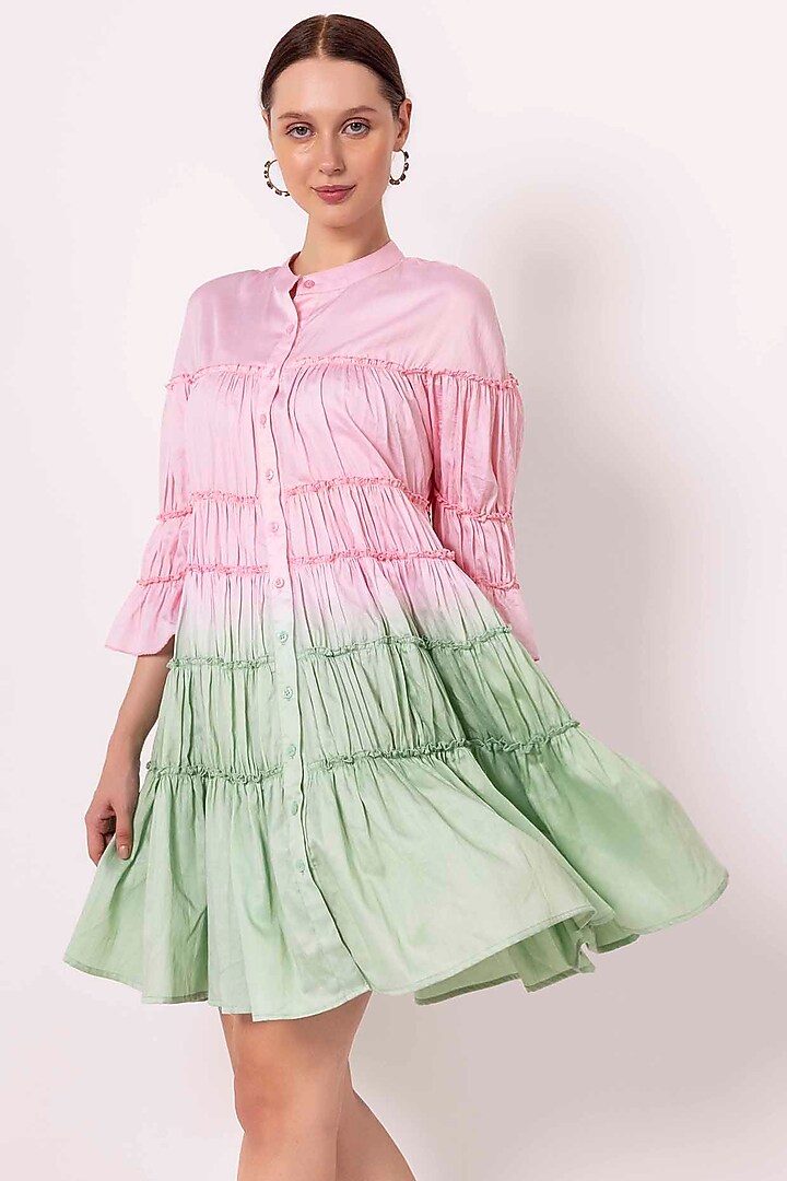 Pastel Pink & Jade Green Cotton Satin Tie-Dye Gathered Summer Dress by SHIMONA at Pernia's Pop Up Shop