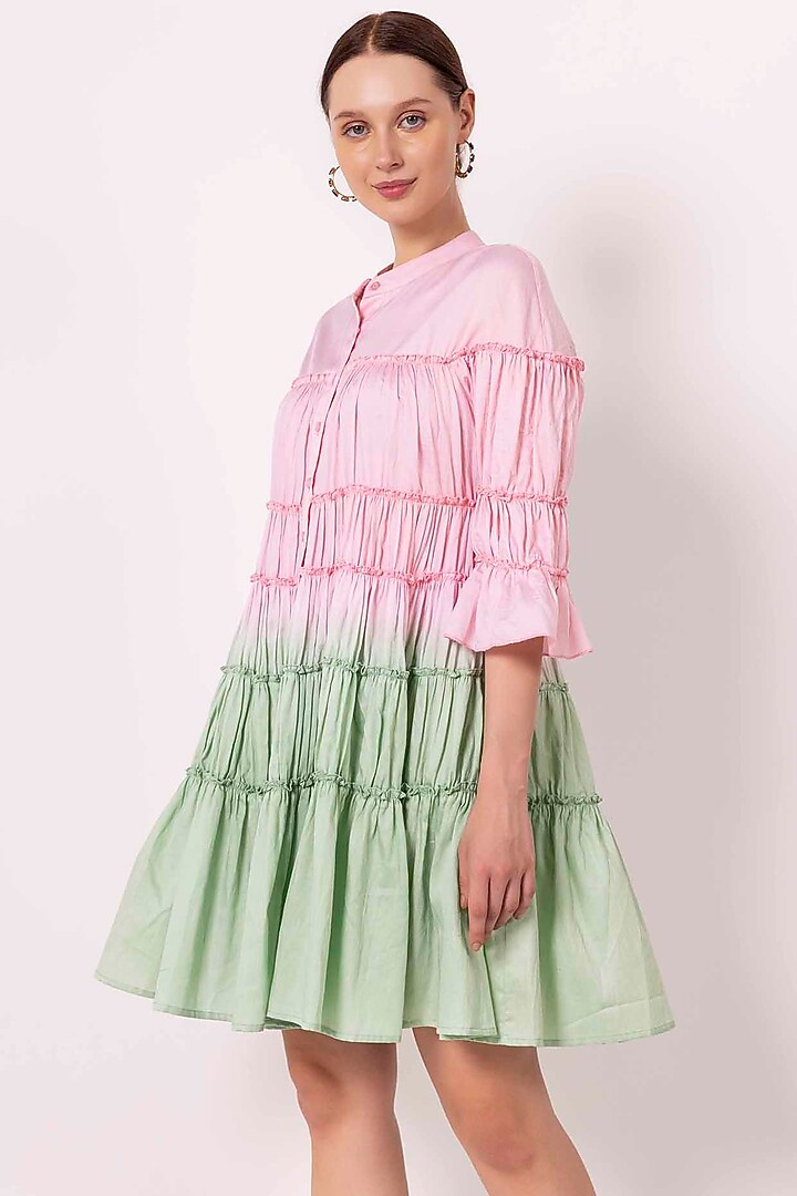 Pastel Pink & Jade Green Cotton Satin Tie-Dye Gathered Summer Dress by SHIMONA at Pernia's Pop Up Shop