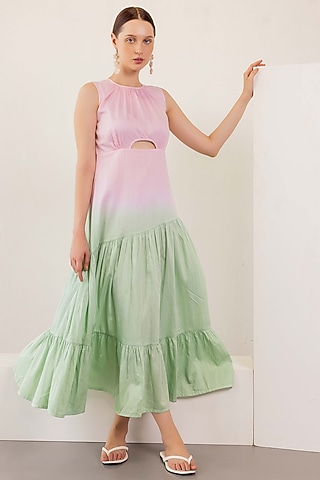 Patel Pink & Jade Green Cotton Satin Tie-Dye Dress by SHIMONA