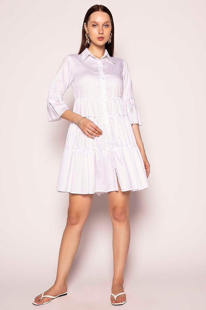 Off-White Cotton Satin Tiered Mini Dress by SHIMONA
