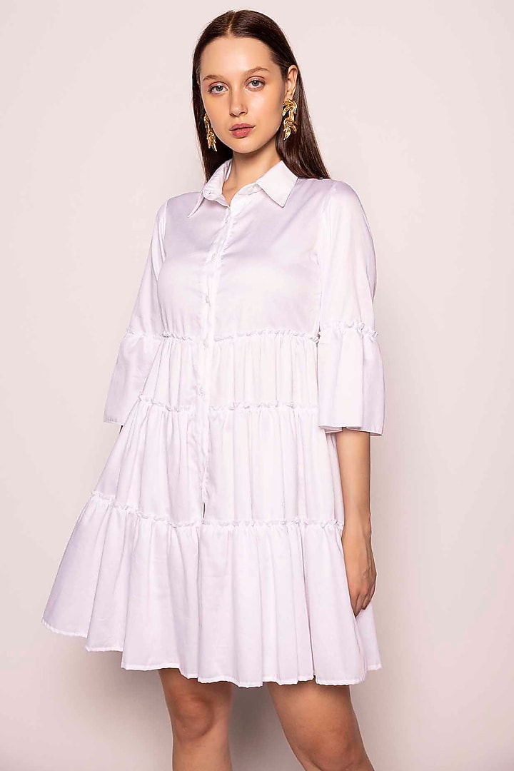 Off-White Cotton Satin Tiered Mini Summer Dress by SHIMONA at Pernia's Pop Up Shop
