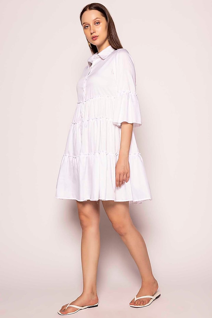 Off-White Cotton Satin Tiered Mini Summer Dress by SHIMONA at Pernia's Pop Up Shop