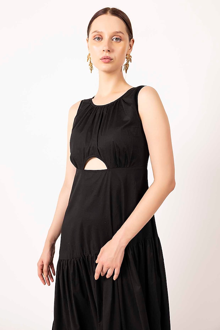 Black Cotton Satin Cut-Out Tiered Summer Dress by SHIMONA at Pernia's Pop Up Shop