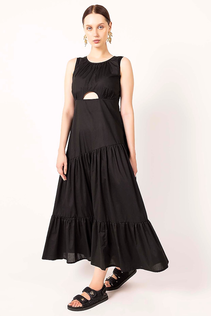 Black Cotton Satin Cut-Out Tiered Summer Dress by SHIMONA at Pernia's Pop Up Shop