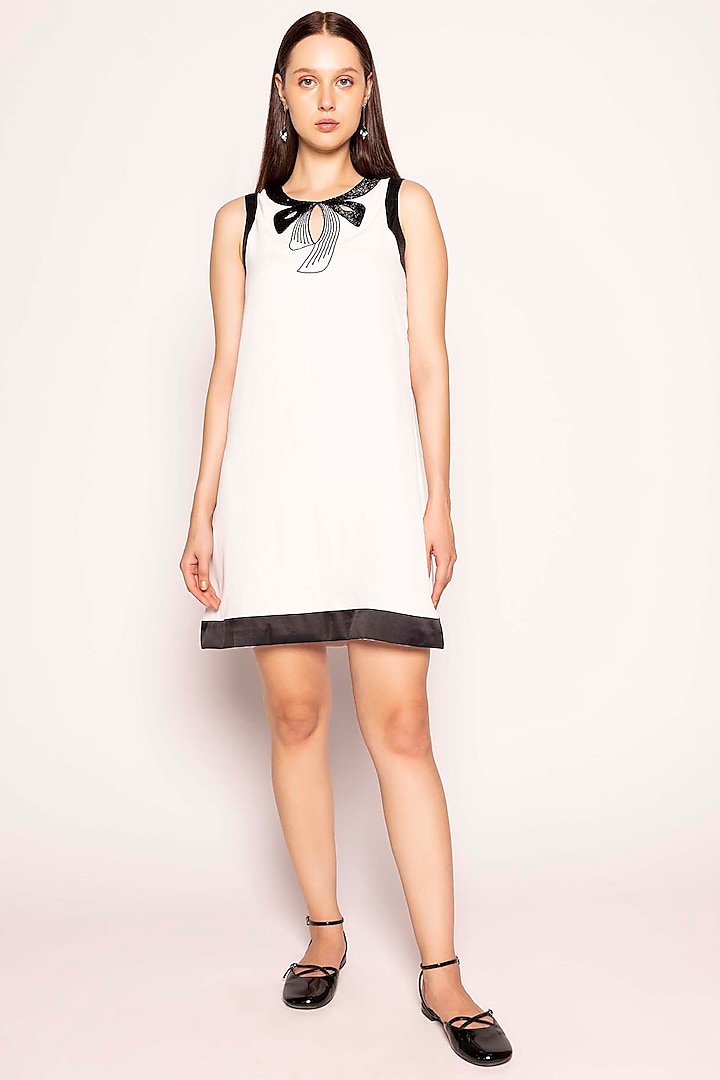 White & Black Organic Satin Crepe Embellished Dress by SHIMONA