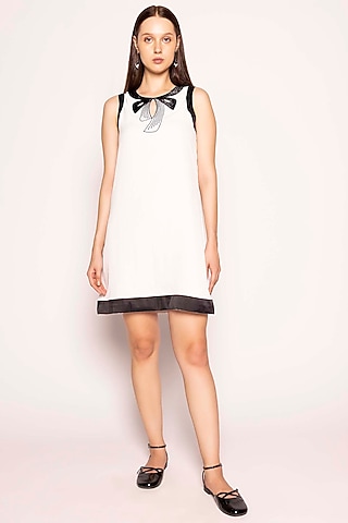 White & Black Organic Satin Crepe Embellished Dress by SHIMONA