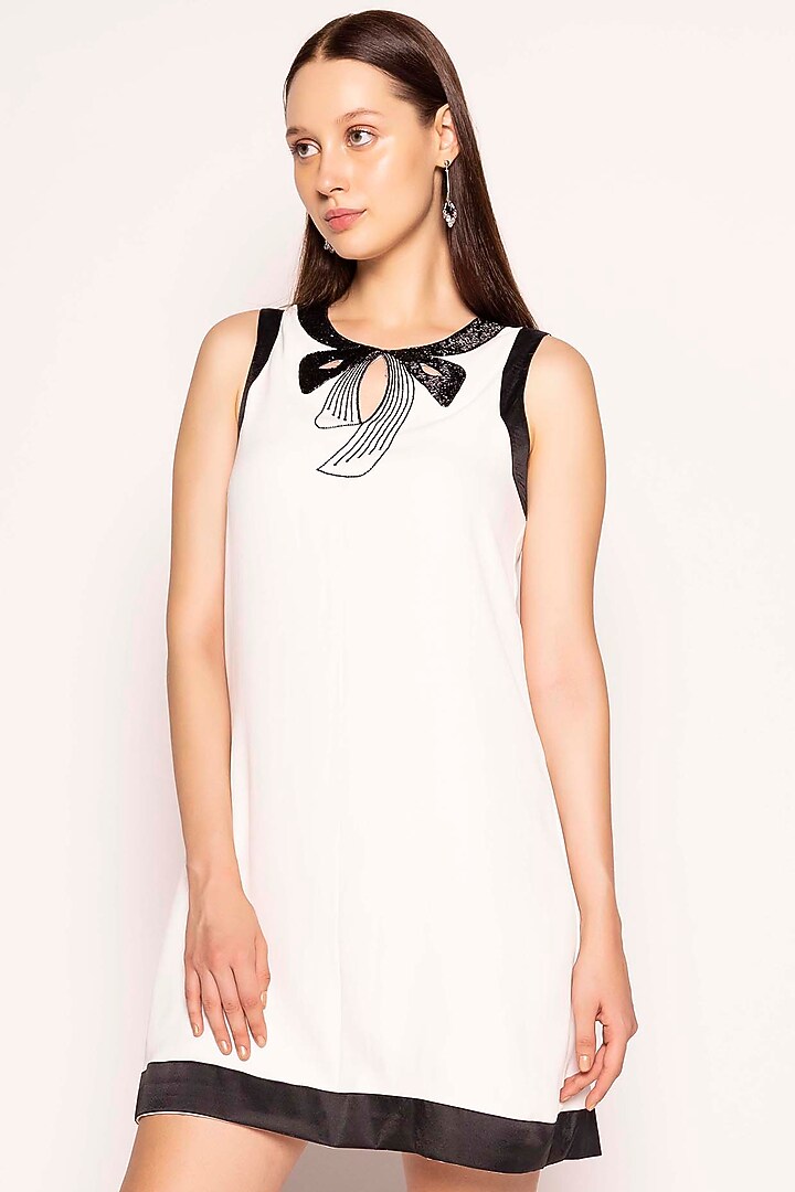 White & Black Organic Satin Crepe Embellished Summer Dress by SHIMONA at Pernia's Pop Up Shop