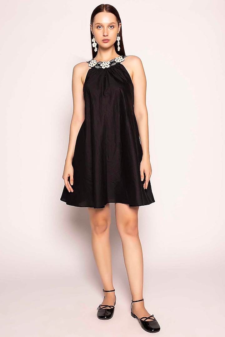 Black Cotton Satin Embroidered Dress by SHIMONA