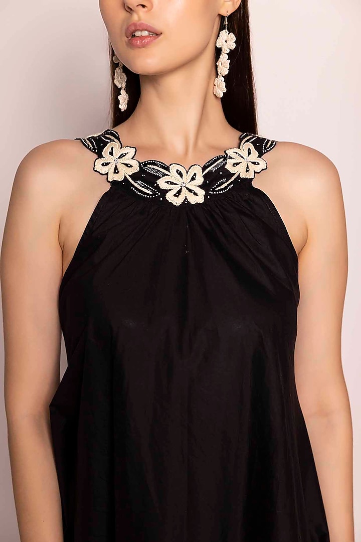 Black Cotton Satin Embroidered Summer Dress by SHIMONA at Pernia's Pop Up Shop
