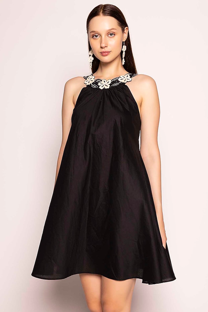 Black Cotton Satin Embroidered Summer Dress by SHIMONA at Pernia's Pop Up Shop