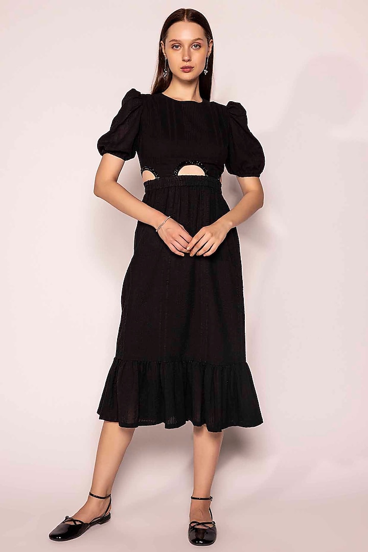 Black Cotton Satin Hand Embroidered Cut-Out Dress by SHIMONA