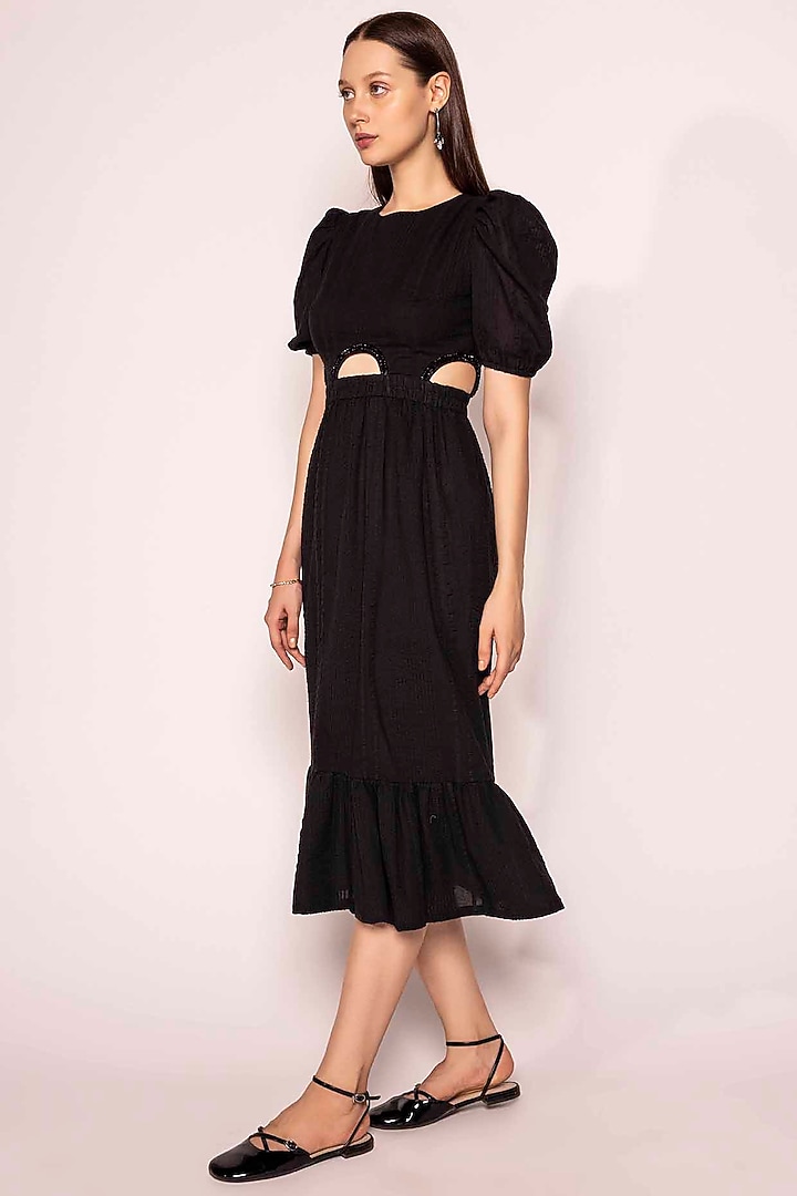 Black Cotton Satin Hand Embroidered Cut-Out Summer Dress by SHIMONA at Pernia's Pop Up Shop