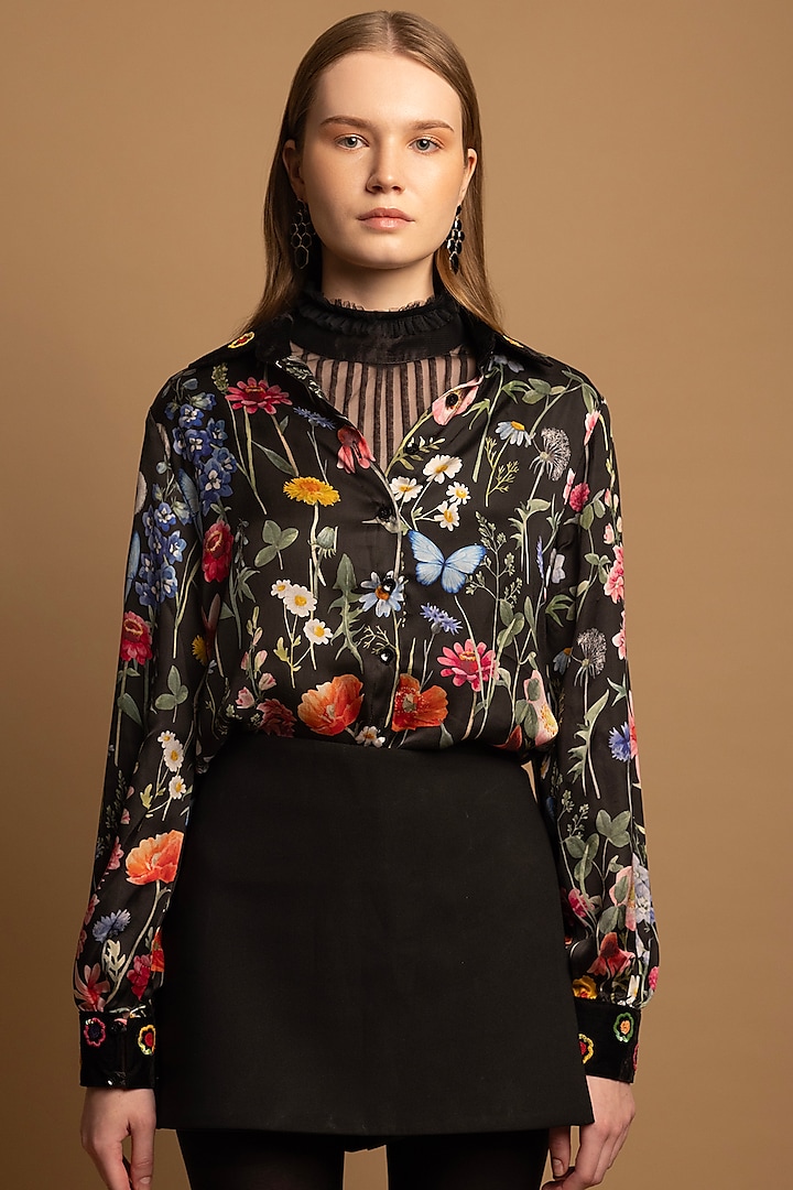 Black Bemberg Satin Floral Printed  & Embroidered Shirt by SHIMONA