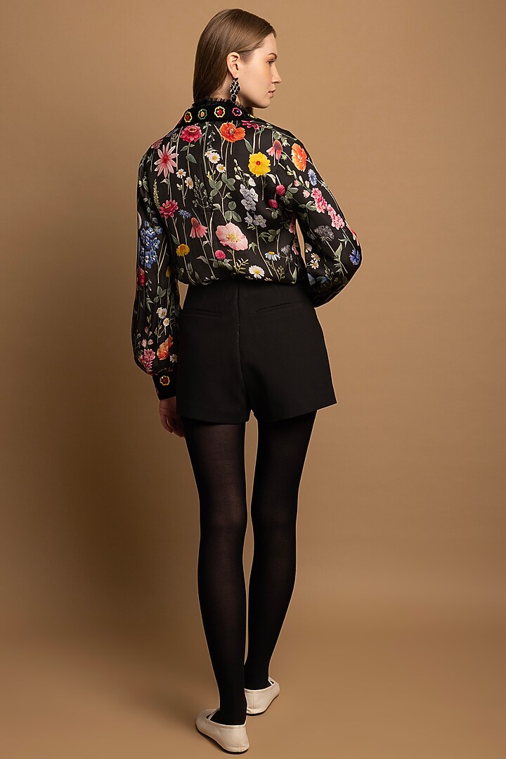 Black Bemberg Satin Floral Printed & Embroidered Shirt by SHIMONA at Pernia's Pop Up Shop