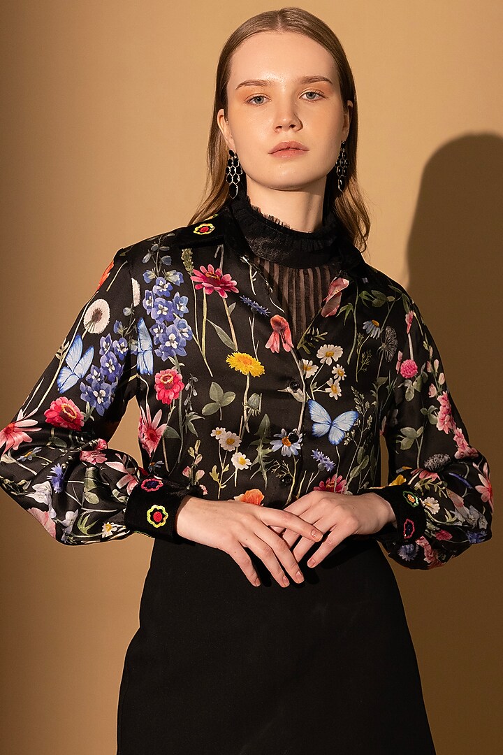 Black Bemberg Satin Floral Printed & Embroidered Shirt by SHIMONA at Pernia's Pop Up Shop
