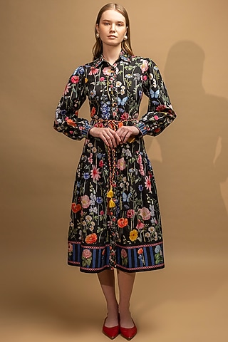 Black Cotton Satin Floral Printed Midi Dress With Belt by SHIMONA
