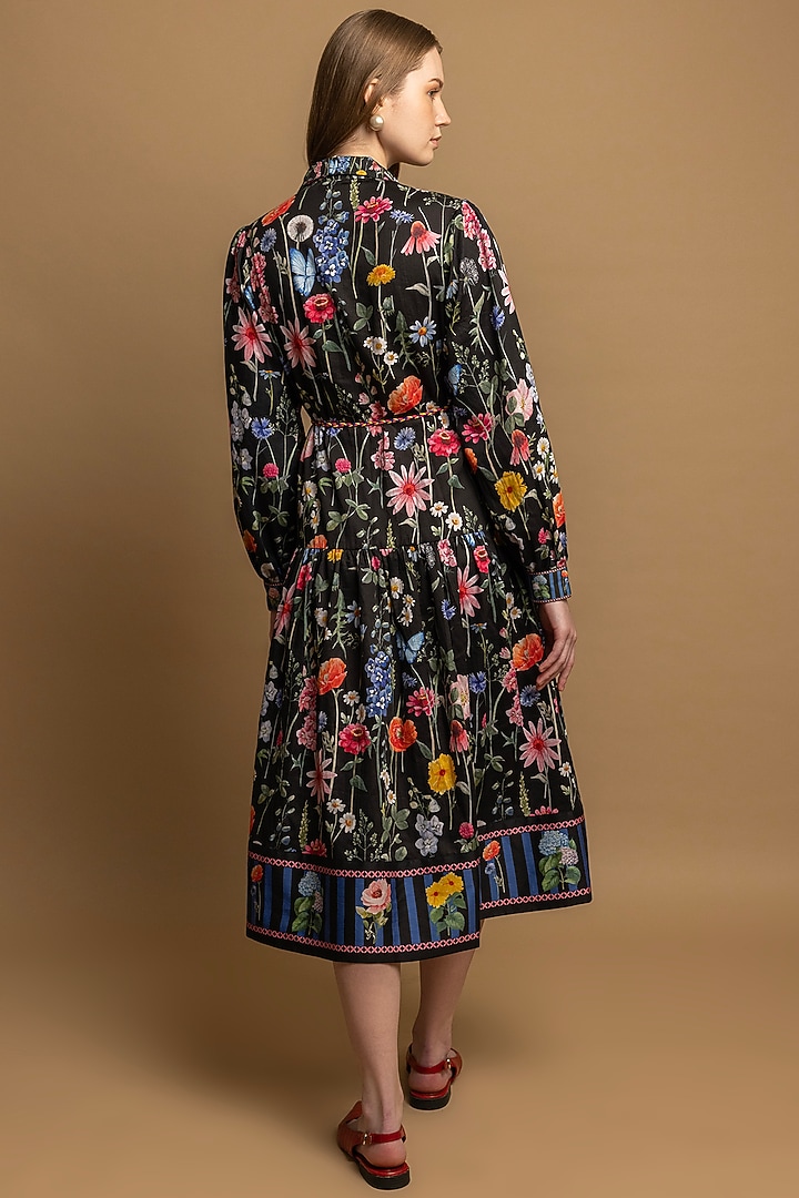 Black Cotton Satin Floral Printed Midi Summer Dress With Belt by SHIMONA at Pernia's Pop Up Shop