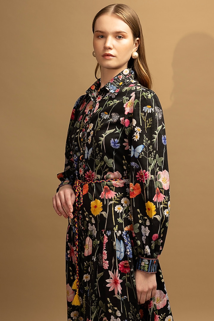 Black Cotton Satin Floral Printed Midi Summer Dress With Belt by SHIMONA at Pernia's Pop Up Shop