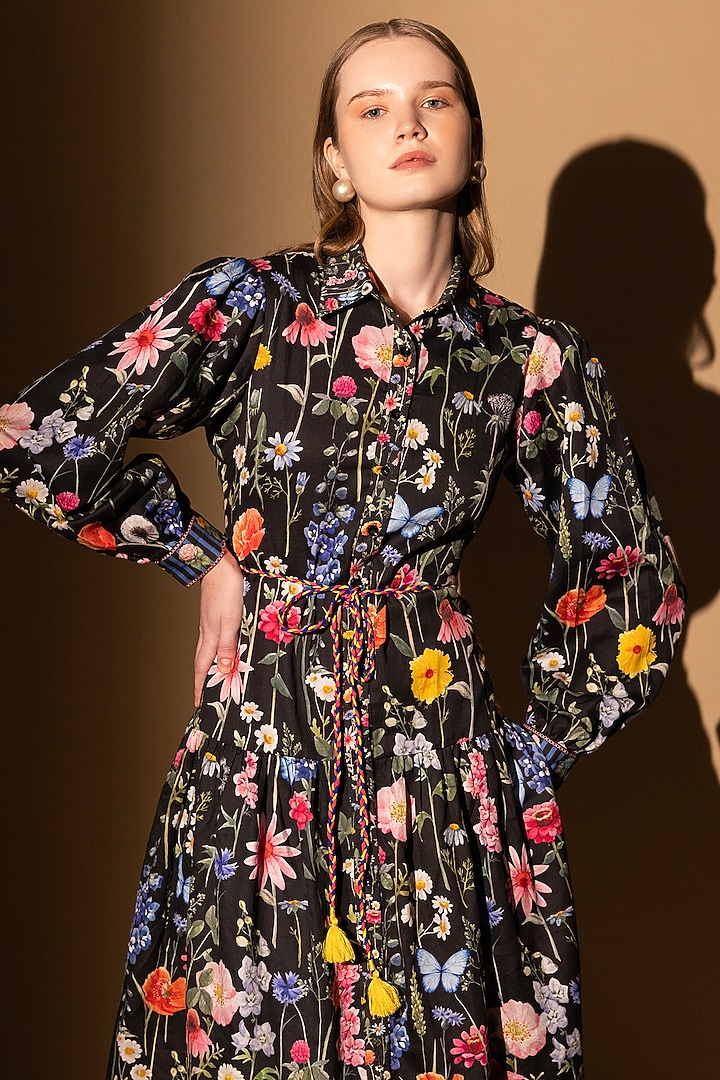 Black Cotton Satin Floral Printed Midi Summer Dress With Belt by SHIMONA at Pernia's Pop Up Shop