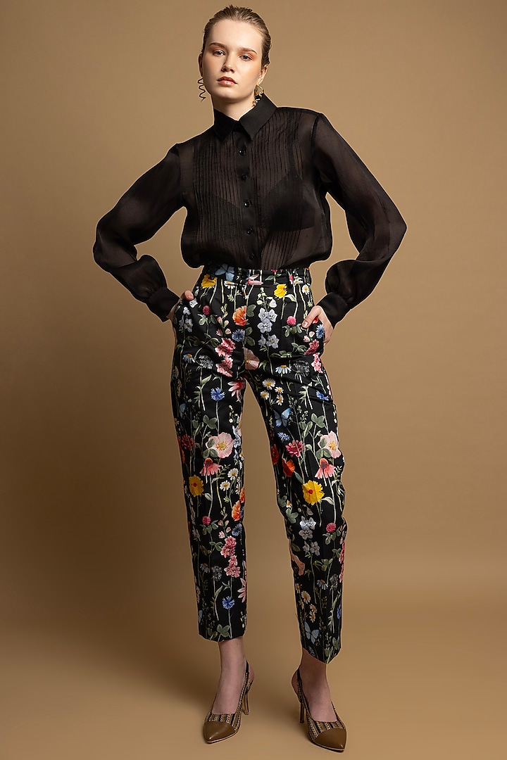 Black Cotton Satin Floral Printed Trousers by SHIMONA