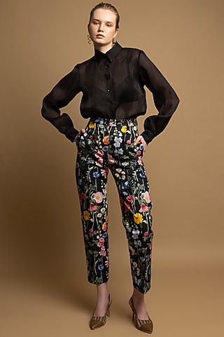 Black Cotton Satin Floral Printed Trousers by SHIMONA