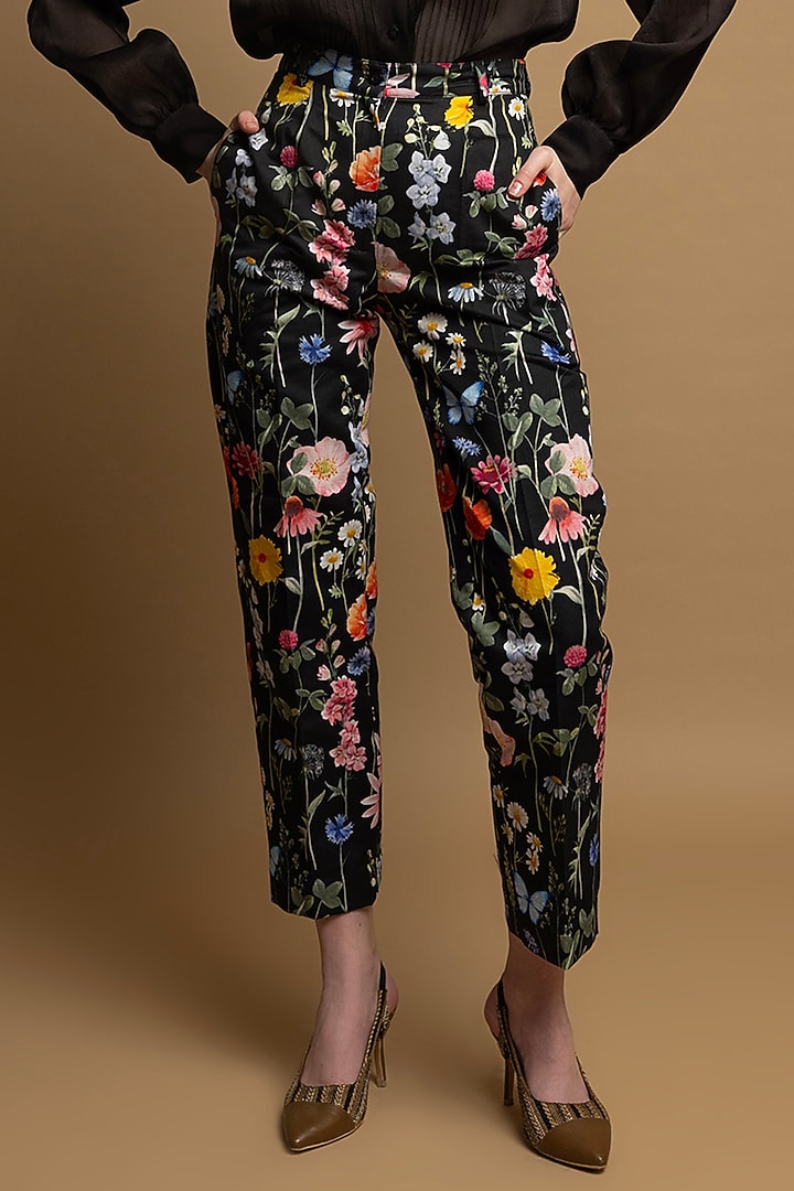 Black Cotton Satin Floral Printed Trousers by SHIMONA at Pernia's Pop Up Shop