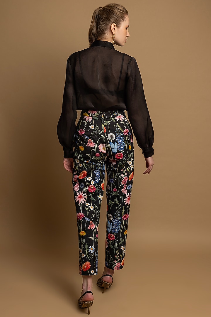 Black Cotton Satin Floral Printed Trousers by SHIMONA at Pernia's Pop Up Shop