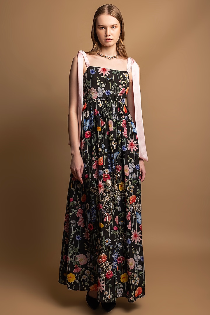 Black Silk Crepe Floral Printed Maxi Dress by SHIMONA