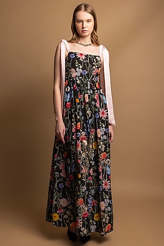 Black Silk Crepe Floral Printed Maxi Dress by SHIMONA