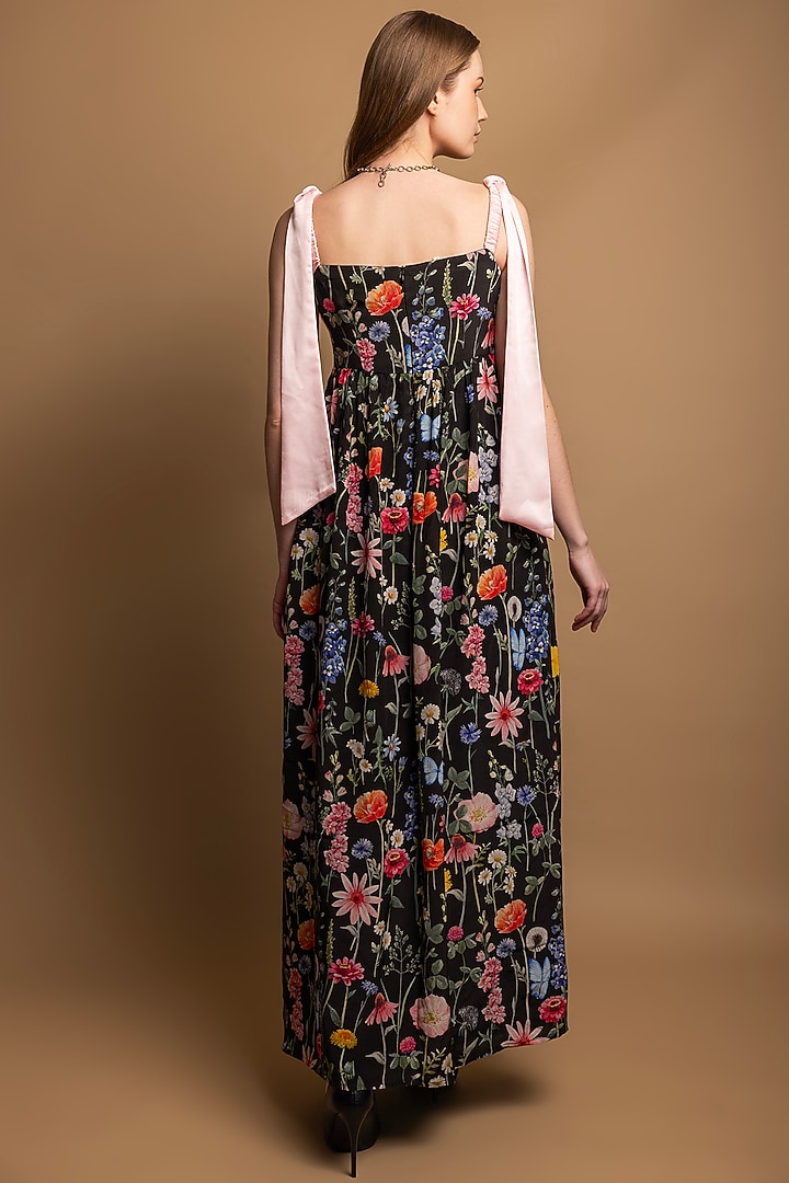 Black Silk Crepe Floral Printed Maxi Vacation Dress by SHIMONA at Pernia's Pop Up Shop