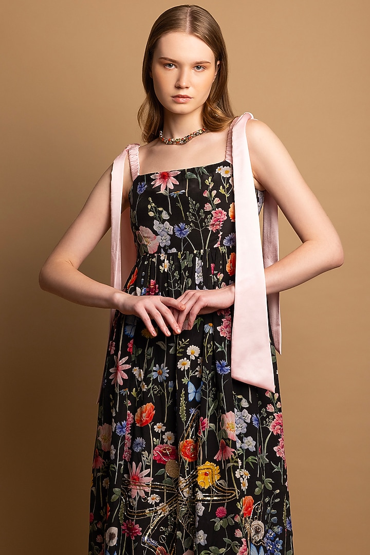 Black Silk Crepe Floral Printed Maxi Vacation Dress by SHIMONA at Pernia's Pop Up Shop