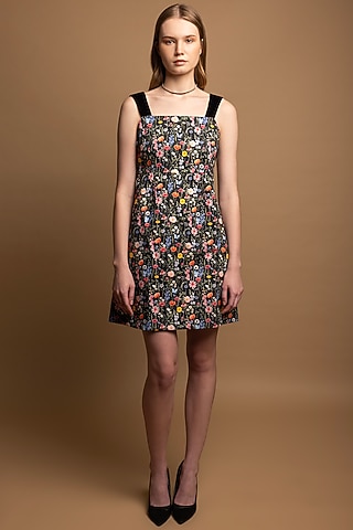 Black Cotton Satin Floral Printed Mini Dress  by SHIMONA