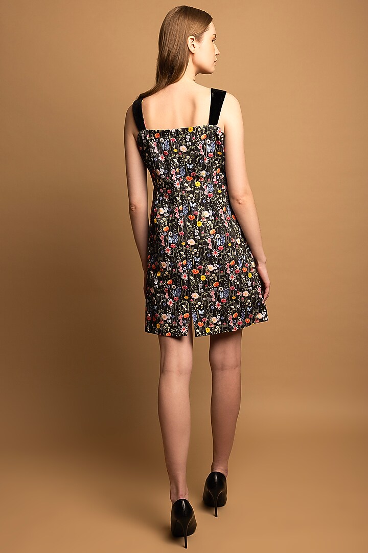 Black Cotton Satin Floral Printed Mini Summer Dress  by SHIMONA at Pernia's Pop Up Shop