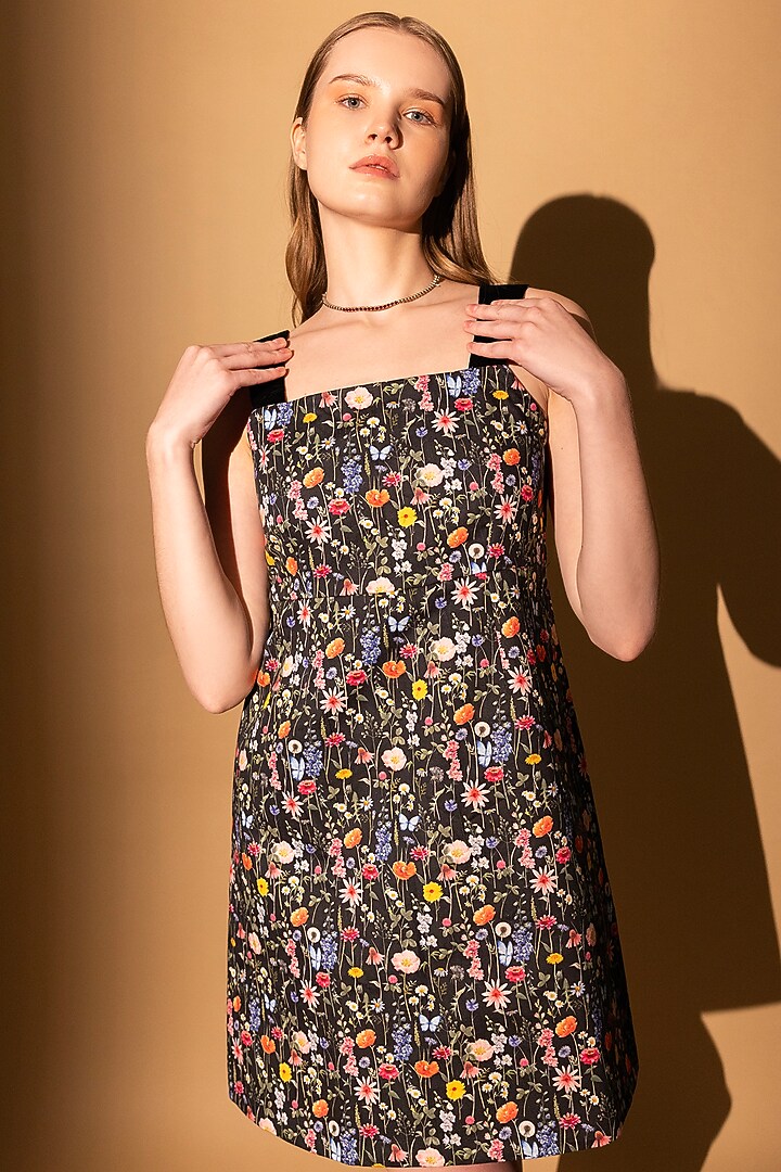 Black Cotton Satin Floral Printed Mini Summer Dress  by SHIMONA at Pernia's Pop Up Shop