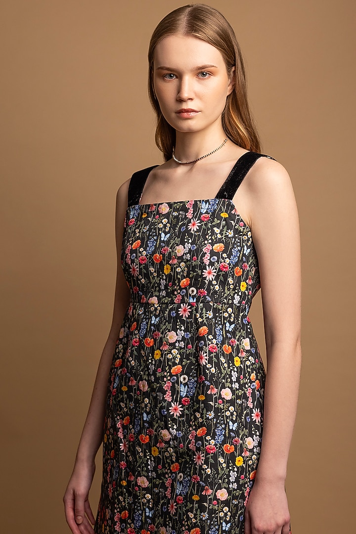 Black Cotton Satin Floral Printed Mini Summer Dress  by SHIMONA at Pernia's Pop Up Shop