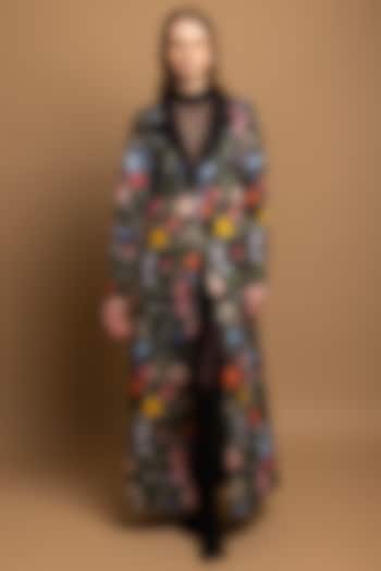Black Cotton Satin Floral Printed Long Coat by SHIMONA