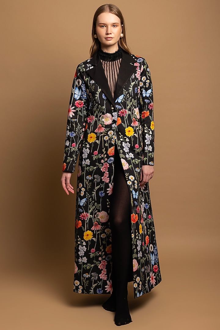 Black Cotton Satin Floral Printed Long Coat by SHIMONA