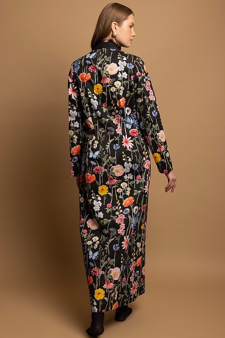 Black Cotton Satin Floral Printed Long Coat by SHIMONA at Pernia's Pop Up Shop