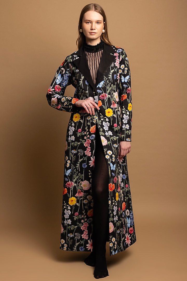 Black Cotton Satin Floral Printed Long Coat by SHIMONA at Pernia's Pop Up Shop